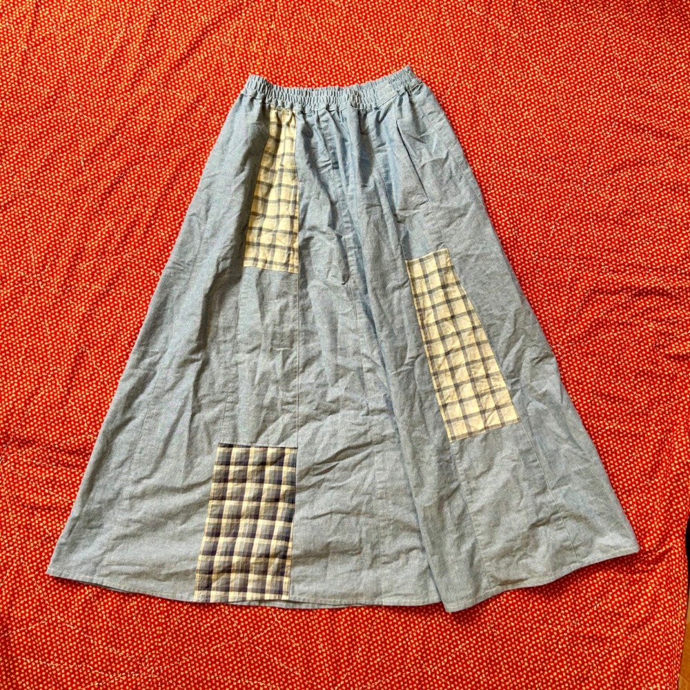 Vintage 90s Blue Chambray Patchwork Plaid Maxi Skirt Elastic Waist Twee Indie
